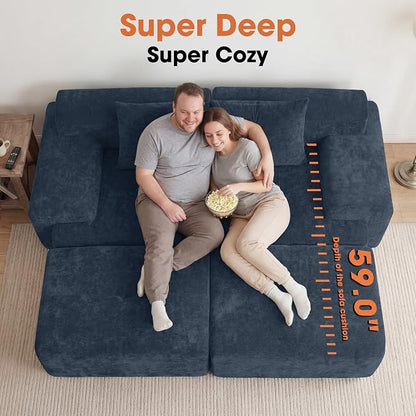 83.5" Boneless Loveseat with 2 Ottoman, Cloud Comfy Sofa Bed, Modular Sofa for Living Room, Apartment, Bedroom, Hotel, No Assembly Required (Blue)
