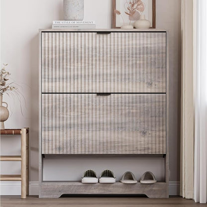 BORNOON Shoe Cabinet with 2 Flip Drawers, Fluted Shoe Storage Cabinet with Adjustable Shelves, Freestanding Rack and Organizer for Entryway, Closet, Hallway