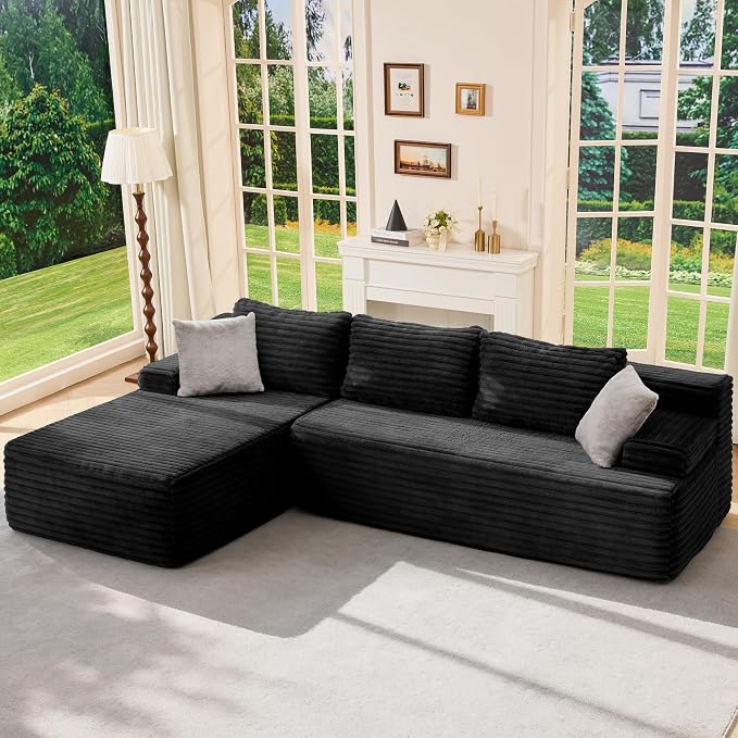 Hobestluk Boneless Couch Modular Sectional Sofa L-Shape Cloud Couch Lounge | 96" Left Facing Chaise Black,Memory Foam,Removable Cover,Non-slip Bottom,No Assemble Required,Furniture for Small Home