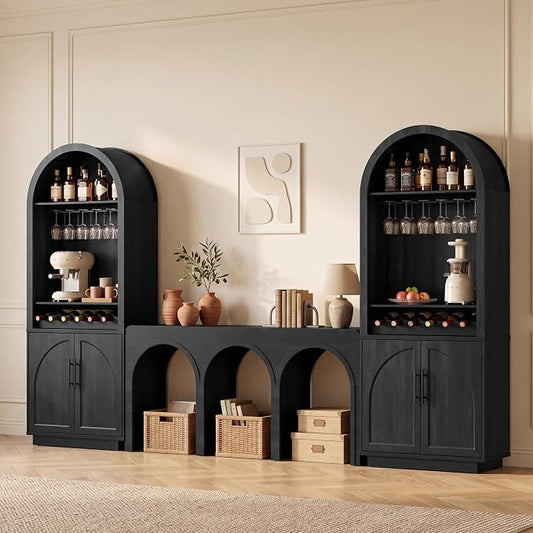 Fatmok Caldera Collection 3-Piece Furniture Set, 2 Tall Arched Wine Display Cabinets with LED & USB Ports and 1 Triple Arch Console Table for Living Room, Dining Room and Hallway, Black Grey