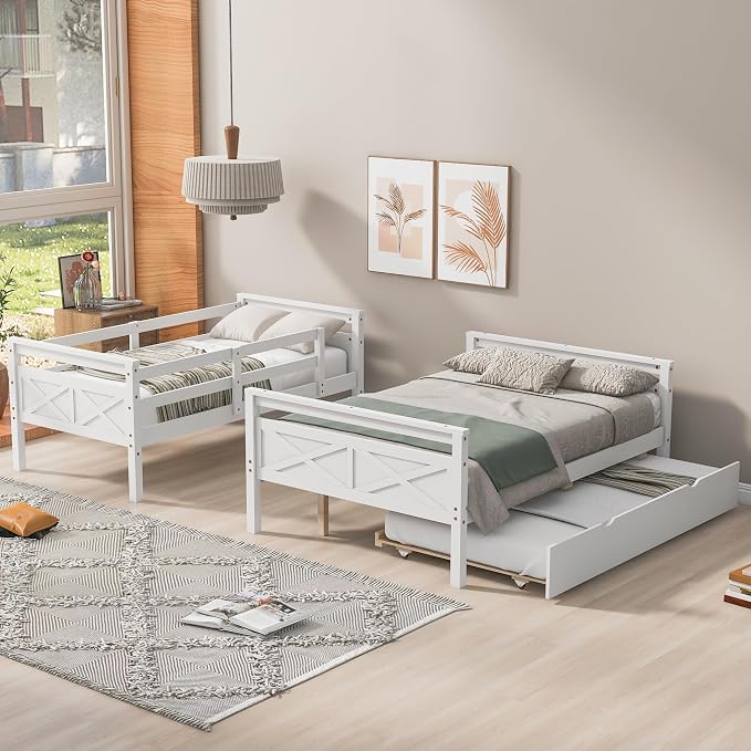 Merax Trundle Bunk Bed, Twin Over Full Wood Bunk Bed with Twin Size Trundle and Ladder, 3-in-1 Convertible to 2 Separate Beds, Solid Wood Frame with Guardrail, White