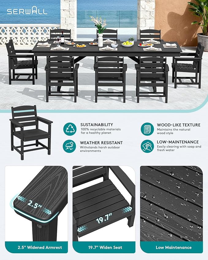 SERWALL 9 Piece 84" HDPE Outdoor Dining Set for 8 with Armchairs and Umbrella Hole, Black