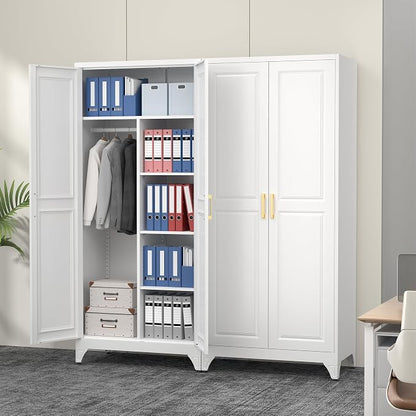 Polup Metal Armoire Wardrobe Closet, 71" Tall White Wardrobe Cabinet with 2 Doors, Hanging Rod and Adjustable Shelves, Steel Clothing Storage Cabinet for Bedroom, Home, Employee, Gym, Office