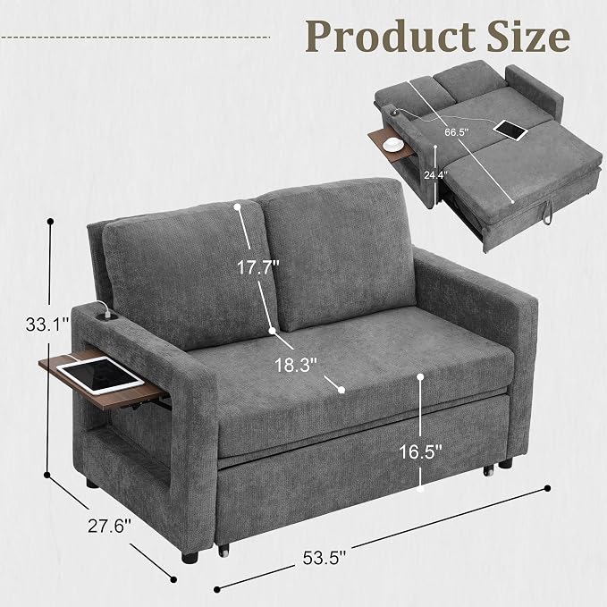 3 in 1 Folding Convertible Sleeper Sofa Bed Pull Out Couch with Side Pockets USB Port Side Table Loveseat Sofa Bed with Adjustable Backrest for Living Room Bedroom 66" Darkgrey 2 SEAT
