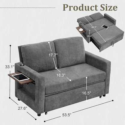 3 in 1 Folding Convertible Sleeper Sofa Bed Pull Out Couch with Side Pockets USB Port Side Table Loveseat Sofa Bed with Adjustable Backrest for Living Room Bedroom 66" Darkgrey 2 SEAT