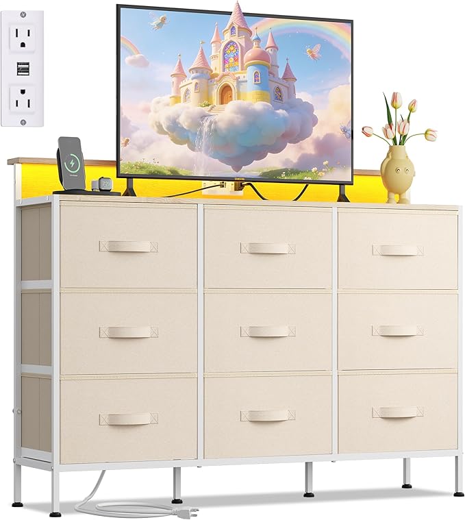 WLIVE Dresser TV Stand for 45, 50, 55 inch TV, Entertainment Center with LED Lights & Charging Station, Chest of Drawers with 9 Fabric Drawers for Living Room, Cream White