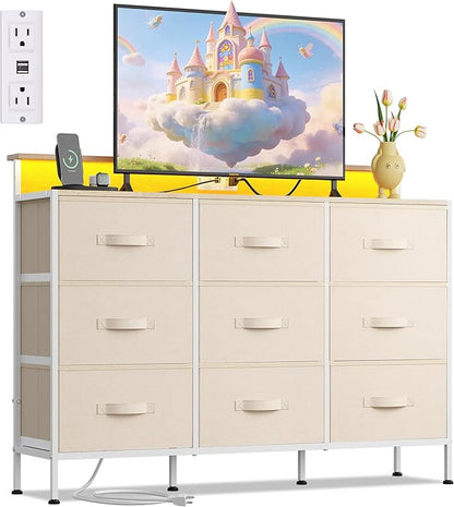 WLIVE Dresser TV Stand for 45, 50, 55 inch TV, Entertainment Center with LED Lights & Charging Station, Chest of Drawers with 9 Fabric Drawers for Living Room, Cream White