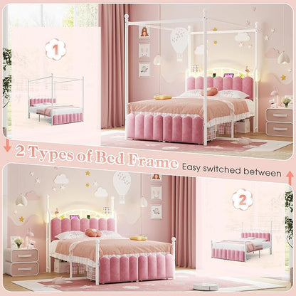 Homkdom Canopy Bed Frame Full with Upholstered Storage Headboard and Charging Station & LED Lights, 2 Oversized Drawers,Heavy-Duty Support, No Box Spring,Quiet Sleep,Easy Assembly, Pink