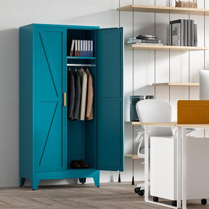 Washsemba 71'' Farmhouse Metal Wardrobe Cabinet with Hanging Rod, 2 Barn Door Wardrobe Closet with 5 Adjustable Shelves,Drawer,for Dining Room,Bedroom,Living Room, Cloak Room,Office (Peacock Blue)