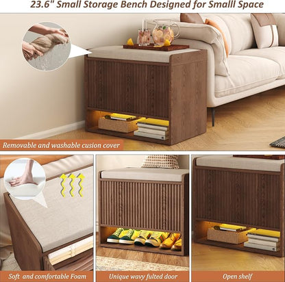 HOMEFORT 23.6" Fluted Shoe Storage Bench, Small Entryway Bench with Linen Seat Cushion, Shoe Cabinet Bench with Adjustable Shelf and Built-in LED Sensor Light, Bench for Bedroom End of Bed,Walnut