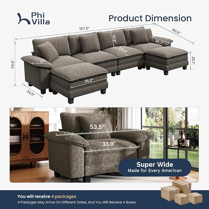 PHI VILLA Cloud Modular Couch Sets, 157.5" Oversized Sectional Sofa with U-Shaped Chaise, 6-Seater Couches with Movable Ottomans for Living Room, Chenille Smoky Grey