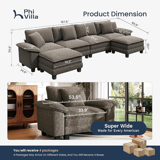 PHI VILLA Cloud Modular Couch Sets, 157.5" Oversized Sectional Sofa with U-Shaped Chaise, 6-Seater Couches with Movable Ottomans for Living Room, Chenille Smoky Grey