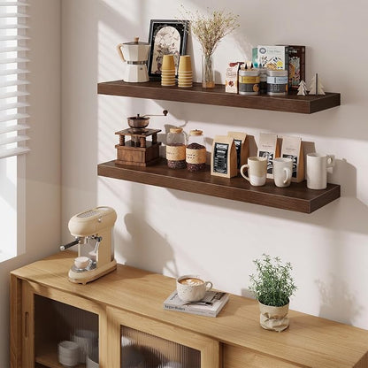 Fun Memories Floating Shelves Set of 2, 40 Inch Long Wooden Wall Shelves, 10 Inch Deep Wall Mounted Storage Shelf with Metal Brackets for Living Room, Bathroom, Bedroom and Kitchen, Walnut