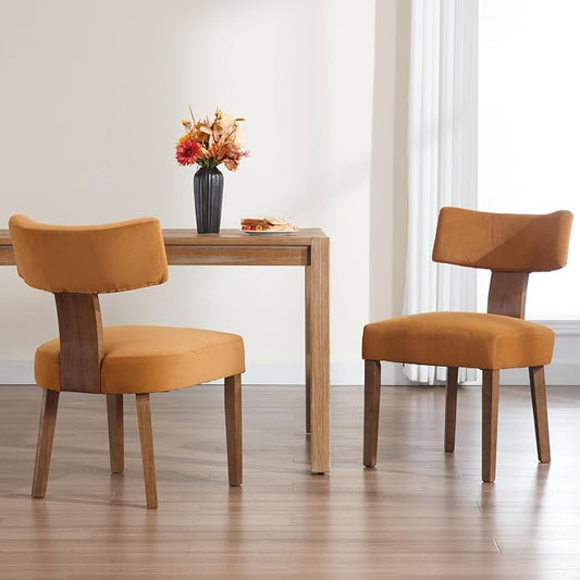 RIVOVA Set of 2 Modern Dining Chairs, Farmhouse Velvet Upholstered Dining Room Chairs Kitchen Chairs Side Armless Chairs with Curved Backrest Wood Legs, Yellow Brown