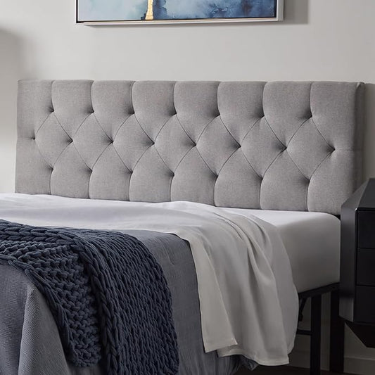 Lucid Mid-Rise Upholstered Headboard - Diamond Tufted - Padded Polyester - Adjustable Height from 34” to 46” - Easy Assembly - Bed Frame or Wall Mount - Sturdy - Stone - King / Cal King Size