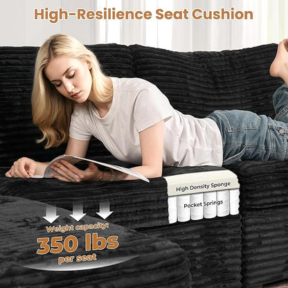ovios Modular Sectional Sofa Couch with U-Shape Chaise Ottomans, Comfy Plush Corduroy Cloud Couches, Modern Luxury Deep Seat Sofas Set for Living Room, 6-Seater, Black