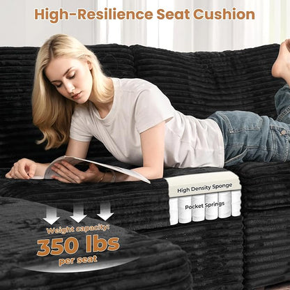 ovios Modular Sectional Sofa Couch with V-Shape Chaise Ottoman, Comfy Plush Corduroy Cloud Couches, Modern Luxury Deep Seat Sofas Set for Living Room, 8-Seater, Black