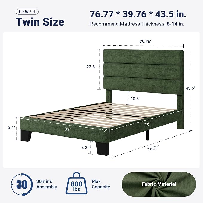 Allewie Twin Size Platform Bed Frame with Fabric Upholstered Headboard and Wooden Slats Support, Fully Upholstered Mattress Foundation/No Box Spring Needed/Easy Assembly, Green