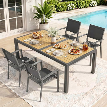 Patio Table and Chairs for 4, Outdoor Patio Dining Furniture Set with Aluminum Table and Metal Textilene Chairs, All-Weather Patio Table Set with HDPS Rectangular Tabletop for Garden Porch