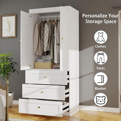 Armoire Wardrobe Closet with Drawers: 74" Tall White Wardrobe Closet with Doors, Large Bedroom Armoires for Clothes, Wood Closets for Hanging Clothes (63 in-4 Doors)