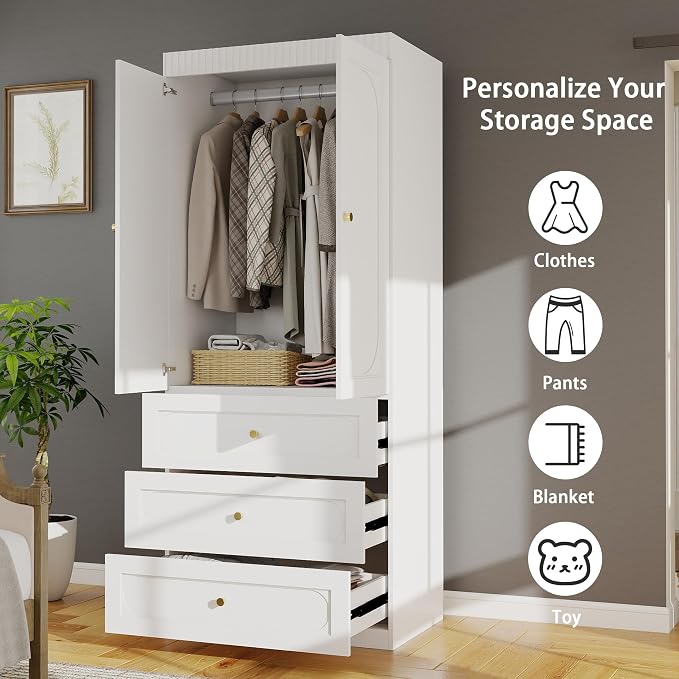 Armoire Wardrobe Closet with Drawers: 74" Tall White Wardrobe Closet with Doors, Large Bedroom Armoires for Clothes, Wood Closets for Hanging Clothes (94.5 in-6 Doors)