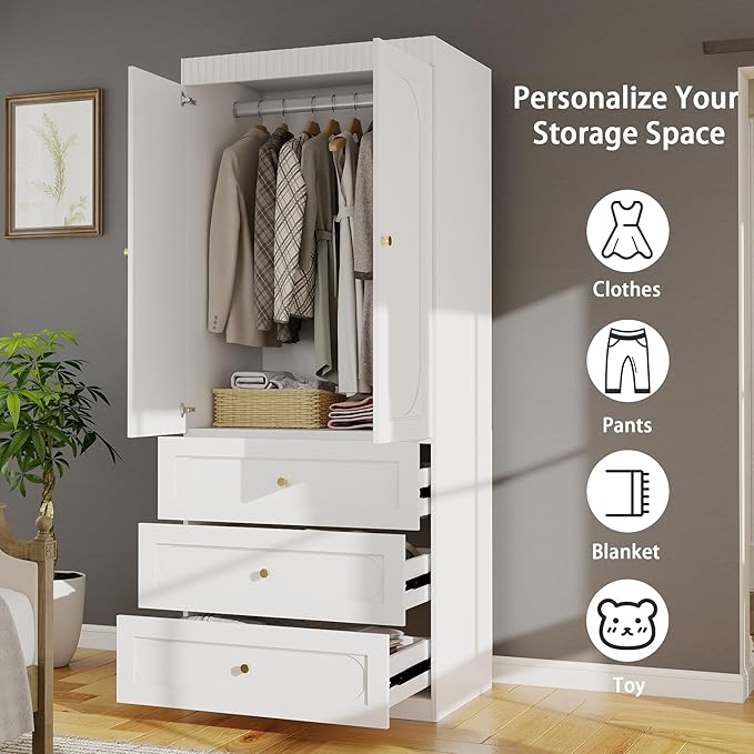 Armoire Wardrobe Closet with Drawers: 74" Tall White Wardrobe Closet with Doors, Large Bedroom Armoires for Clothes, Wood Closets for Hanging Clothes (31.5 in-2 Doors)
