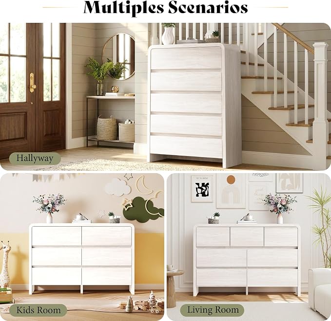AMERLIFE Modern 3-Piece Bedroom Furniture Set with 5-Drawer Dresser and 2 Nightstands, Large Storage Capacity, Rounded Corners, Flexible Combination Design, Anti-Tip Kit Included, White