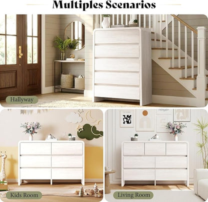 AMERLIFE Modern 3-Piece Bedroom Furniture Set with 5-Drawer Dresser and 2 Nightstands, Large Storage Capacity, Rounded Corners, Flexible Combination Design, Anti-Tip Kit Included, White