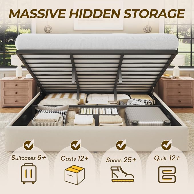 HISOFT King Size Lift Up Storage Bed Frame, Linen Upholstered Platform Bed with Wingback Headboard, Heavy Duty Hydraulic Gas Lift Underbed Space, Reinforced Full Metal Slats, Noise Free, Light Beige