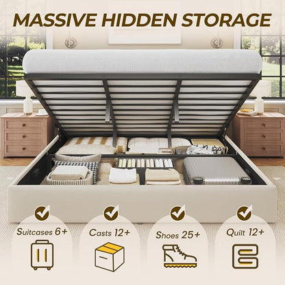 HISOFT King Size Lift Up Storage Bed Frame, Linen Upholstered Platform Bed with Wingback Headboard, Heavy Duty Hydraulic Gas Lift Underbed Space, Reinforced Full Metal Slats, Noise Free, Light Beige