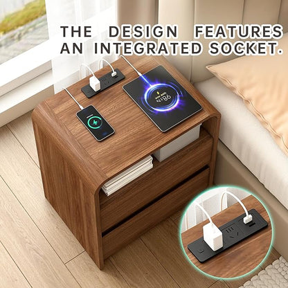23.6" Walnut Nightstand with Charging Station, Anti-Collision Mid Century Modern Bedside Table with 500 LB Capacity, Soft Close Drawers Night Stand with Hidden Storage & Pre-Embedded Parts for Bedroom