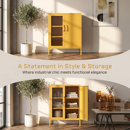 Metal Cabinet Metal Bathroom Storage Cabinet Metal Storage Cabinets with Glass Door and Adjustable Shelves Cabinet Storage for Coffee Bar for Homes, Living Rooms and Offices Yellow 33''H