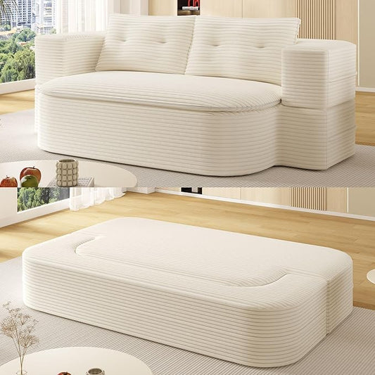 78.7" Futon Sofa Bed, 2-in-1 Foldable Sleeper Sofa, Convertible Floor Couch with Pillows, Corduroy Couch with Multi Functional Blanket Upholstered Boneless Couches for Living Room, Cream Beige