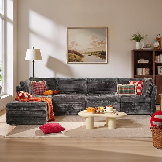 ovios Modular Sectional Sofa Couch with L-Shape Chaise Ottoman, Comfy Plush Corduroy Cloud Couches, Modern Luxury Deep Seat Sofas Set for Living Room, 5-Seater, Grey