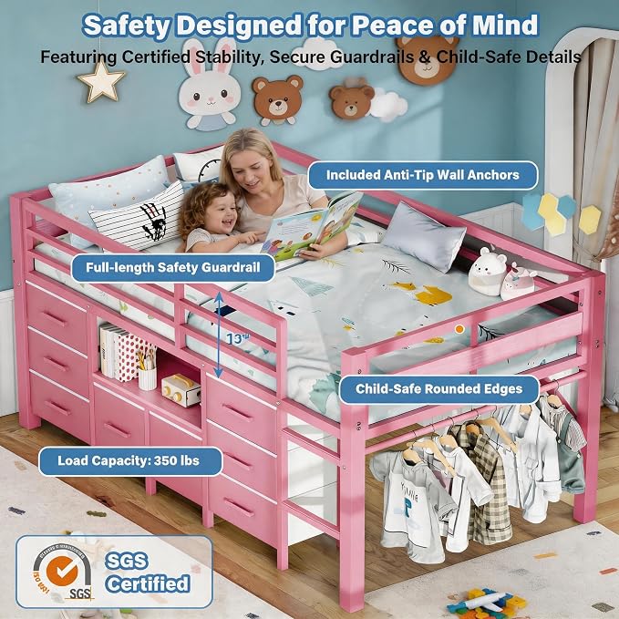 Einhomn Twin Low Loft Bed with 8 Drawers, Bookshelf, Heavy Duty Metal Kids Loft Bed with 13 Inch Safety Guardrail, Play Curtain, Under-Bed Play Area - Pink
