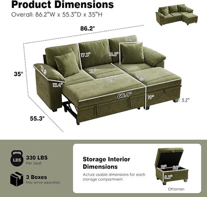 Ihanherry 86" Modular Sectional Sofa with Pull Out Bed, 4-Seater L Shaped Sectional Sleeper Couch with Storage Ottoman, Chenille Convertible Couches for Living Room, Apartment (Green)