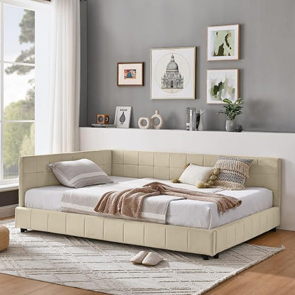 Bellemave Full Size Corner Bed Frame with Comfortable Backrest and Armrests, Velvet Tufted Corner Bed Frame Full Size, Upholstered Daybed for Bedroom, Living Room, Guest Room, Beige