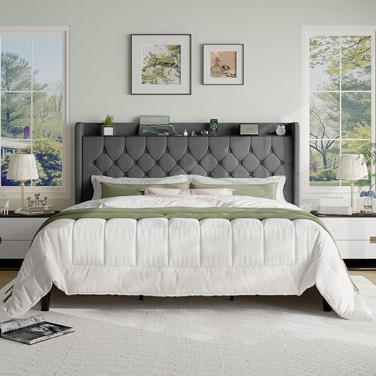 SHA CERLIN King Size Platform Bed Frame with Charging Station, Linen Wingback Headboard with Storage Shelf, Wooden Slats Support, Ample Under-Bed Space, No Box Spring Needed, Easy Assembly, Dark Grey