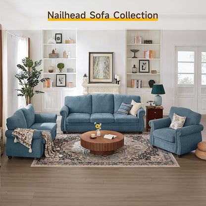 ONBRILL Nailhead Sofa, 66 Inch Small Couch with Rolled Arms, Chenille Fabric Loveseat w/Springs Seat Cushion, Vintage Curved Back, Turned Wood Legs, Comfy Couch for Living Room, Farmhouse, Teal
