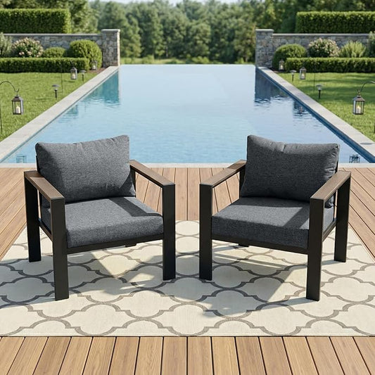 Patio Furniture Armchair Set of 2, All-Weather Patio Sofa with Washable Thick Cushion, Deluxe Aluminum Modern Outdoor Sectional for Porch, Balcony, Deck, Yard, Light Gray
