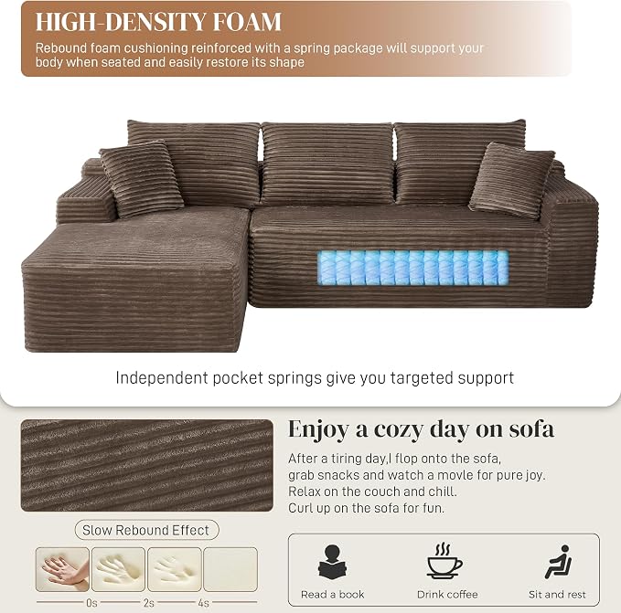 108" L Shaped Cloud Boneless Sectional Couches for Living Room, Modern Comfy Modular Deep Seat Memory Foam Compressed Corduroy Sofa Oversized Left Facing Chaise, No Assembly Required, Brown