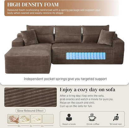 108" L Shaped Cloud Boneless Sectional Couches for Living Room, Modern Comfy Modular Deep Seat Memory Foam Compressed Corduroy Sofa Oversized Left Facing Chaise, No Assembly Required, Brown