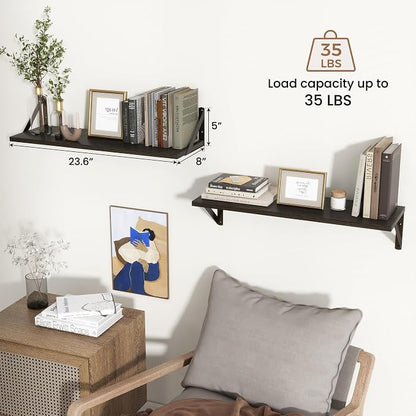 Axeman 24 Inch Floating Shelves | 8 Inch Deep Black Wall Shelves Set of 2 | 24''W x 8''D Rustic Black Wood Shelves for Bathroom Kitchen Living Room Bookshelf Home Office