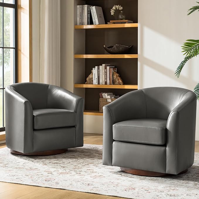 HULALA HOME Genuine Leather Swivel Barrel Chairs Set of 2, Round Swivel Accent Chairs with Solid Wood Base, Leather Barrel Accent Chair for Living Room, No Assembly Required, Grey