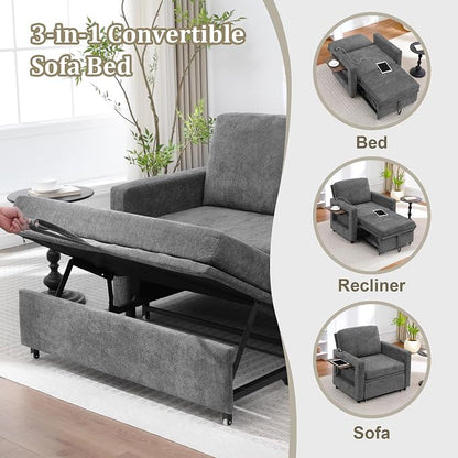 3 in 1 Folding Convertible Sleeper Sofa Bed Pull Out Couch with Side Pockets Side Table USB Port Single Sofa Bed with Adjustable Backrest for Living Room Bedroom Office 66" Darkgrey 1 SEAT