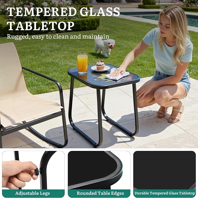 DWVO 3 Piece Patio Furniture Set, Durable Textilene Patio Set with Rocking Chairs Set of 2 & Tempered Glass Table for Garden, Balcony & Poolside, Brown