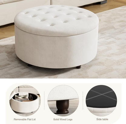 30 Inch Round Storage Ottoman,Modern Tufted Ottomans,Circular Coffee Table with Removable Top,Upholstered Large Ottoman with Storage Footrest Stool for Bedroom Living Room (White)