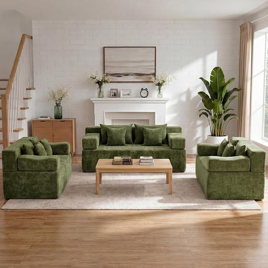 MONVANE 3-Piece Boneless Loveseat Couch Set for Living Room, Oversized Modular Sectional Sofa Set with Removable Armrests, Comfy Chenille Cloud Couch with 12 Pillows, No Assembly Required, Green