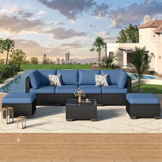 U-MAX 7 Piece Outdoor Patio Furniture Set, PE Rattan Wicker Sofa Set, Outdoor Sectional Furniture Chair Set with Navy Cushions and Tea Table, Black Rattan
