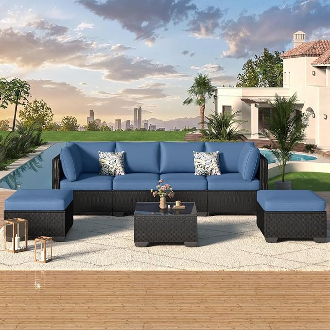 U-MAX 7 Piece Outdoor Patio Furniture Set, PE Rattan Wicker Sofa Set, Outdoor Sectional Furniture Chair Set with Navy Cushions and Tea Table, Black Rattan